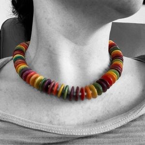 Vintage rainbow wooden discs handmade choker necklace costume jewelry